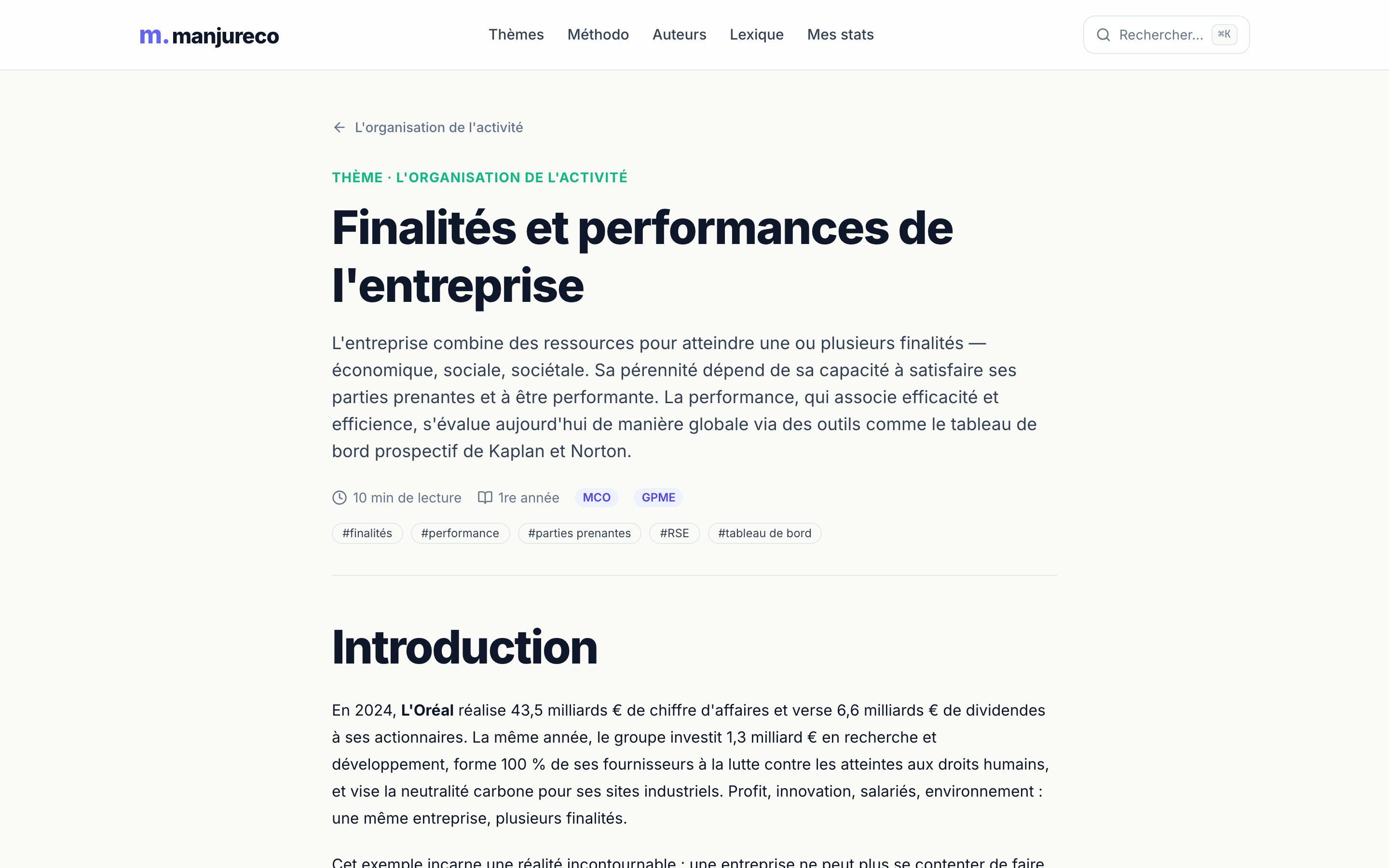 Page de chapitre Manjureco montrant le cours enrichi sur les finalités de l'entreprise
