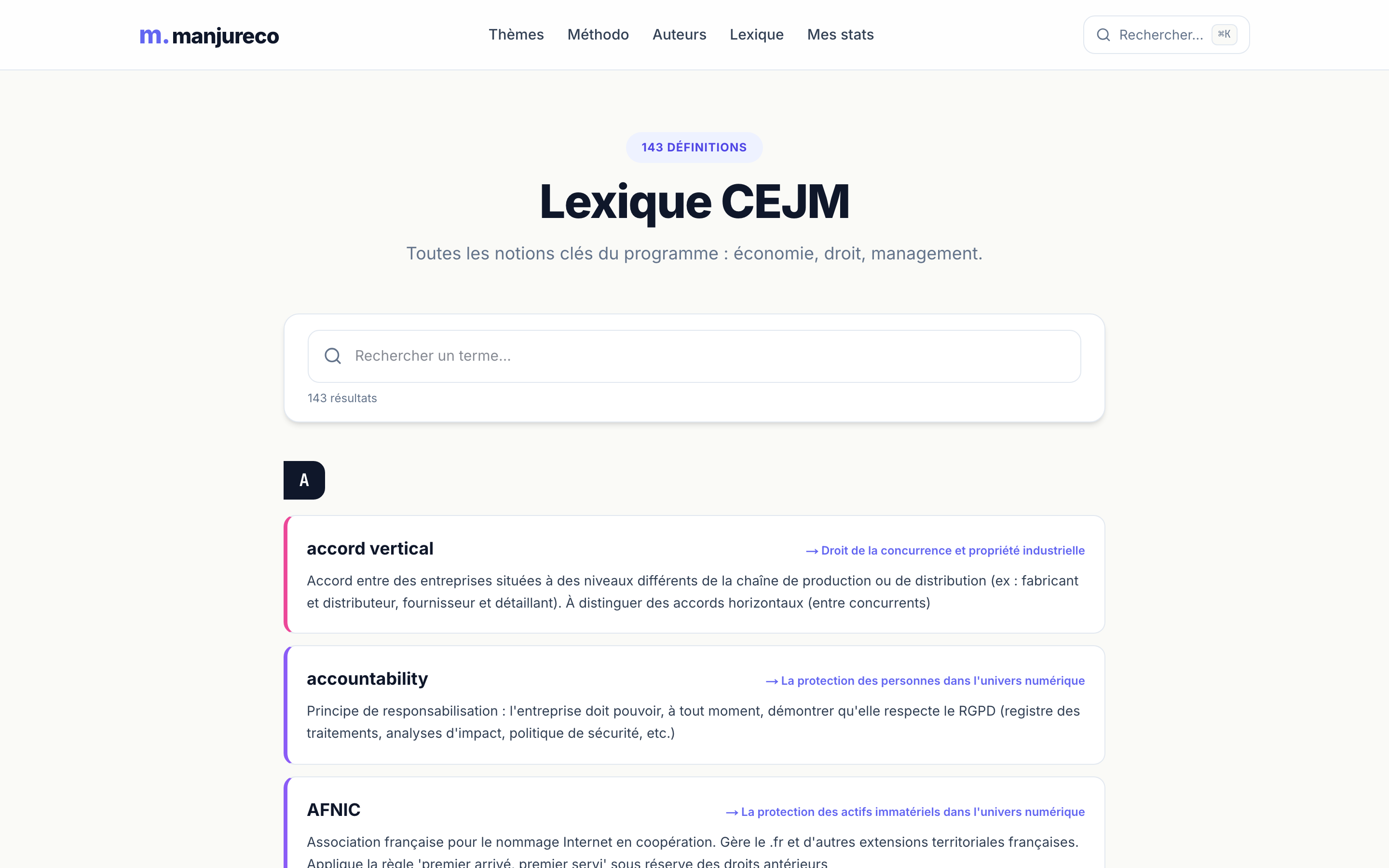 Lexique CEJM avec 143 définitions searchables