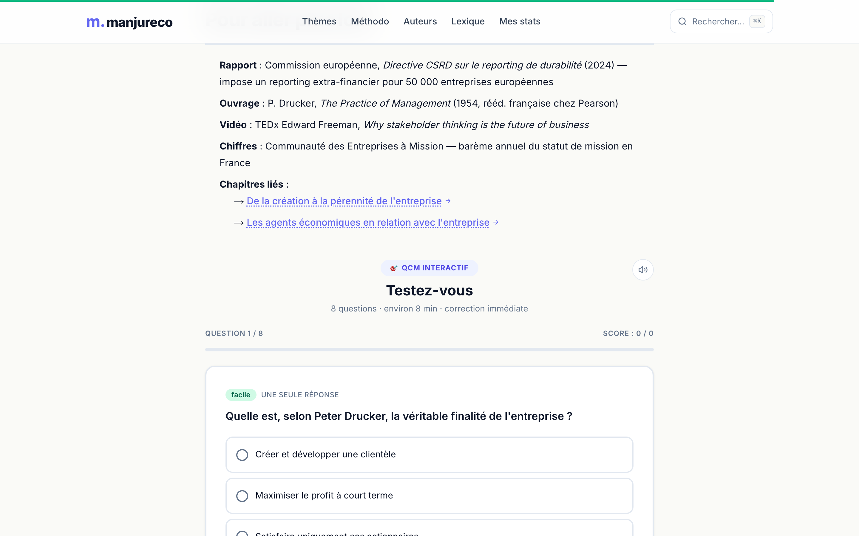QCM interactif avec correction immédiate et explication pédagogique
