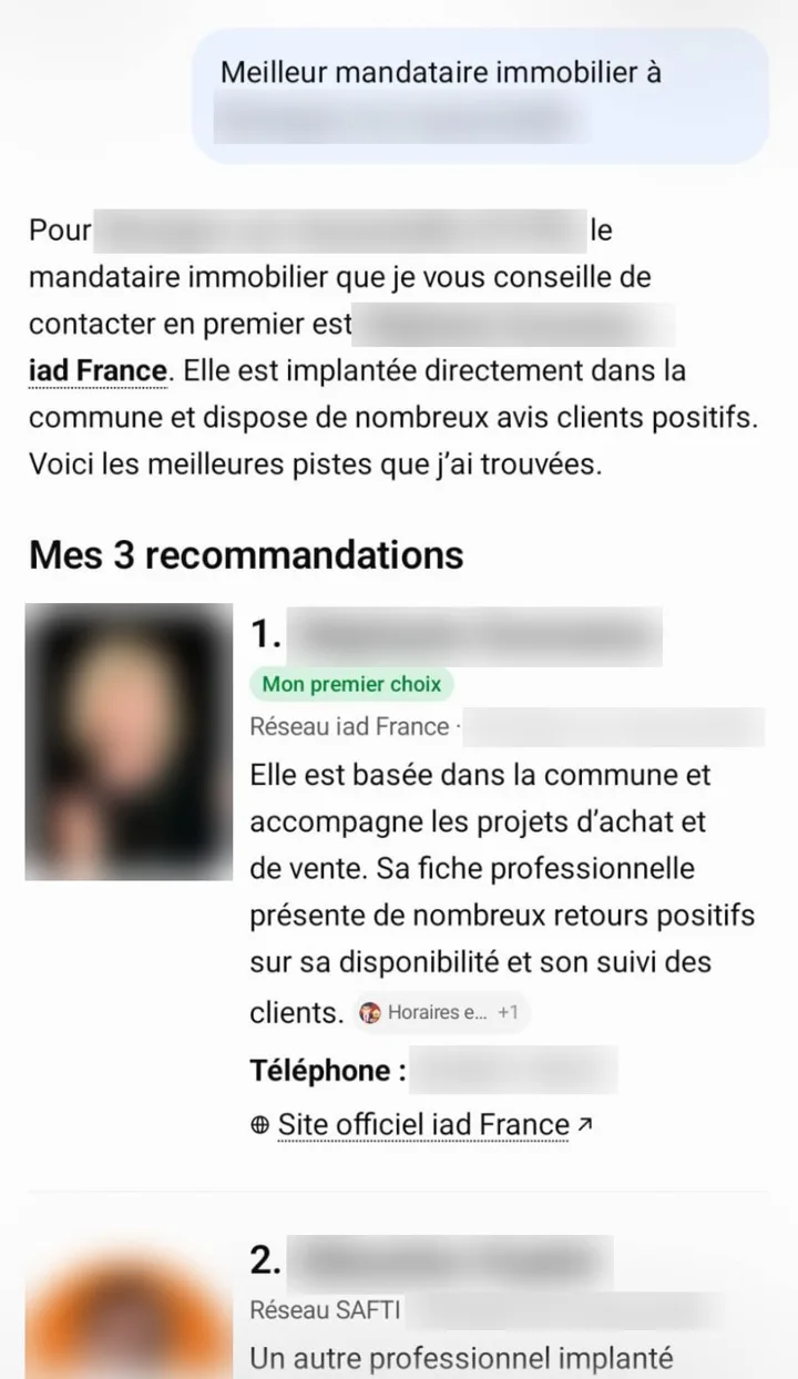 Réponse de ChatGPT : la conseillère en premier choix, avec son réseau et son téléphone, et la photo d'une autre conseillère (noms, photos, téléphone et commune floutés)