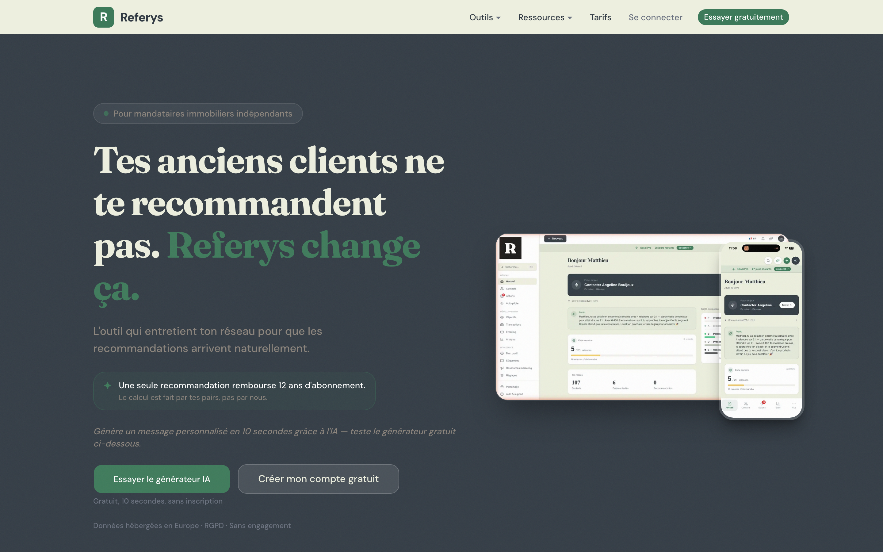 Interface Referys avec le tableau de bord et la vue mobile