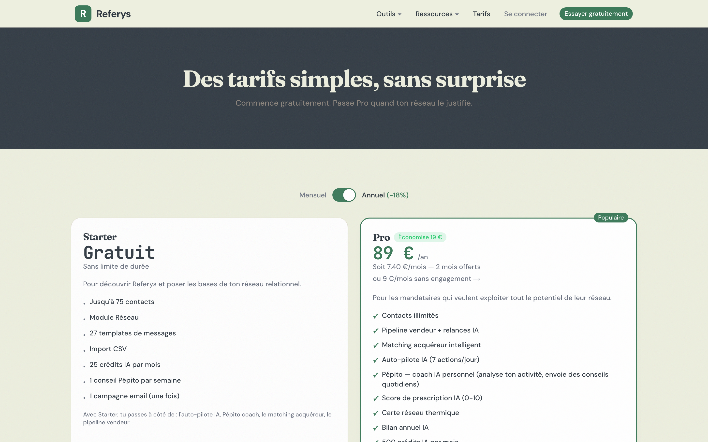 Tarifs Referys : Starter gratuit et Pro à 9 euros par mois