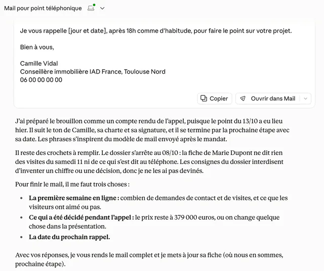 Claude Desktop, branché sur le dossier de démonstration : il a rédigé le mail de suivi d’une cliente fictive et liste les trois informations qui lui manquent plutôt que de les deviner.