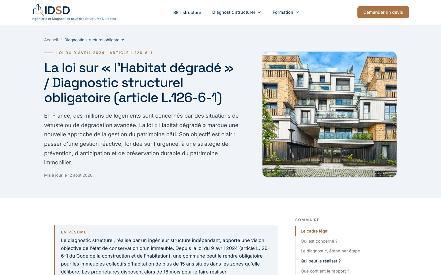 Page « Diagnostic structurel obligatoire » de bet-idsd.fr : encadré « En résumé », sommaire latéral et mention de mise à jour