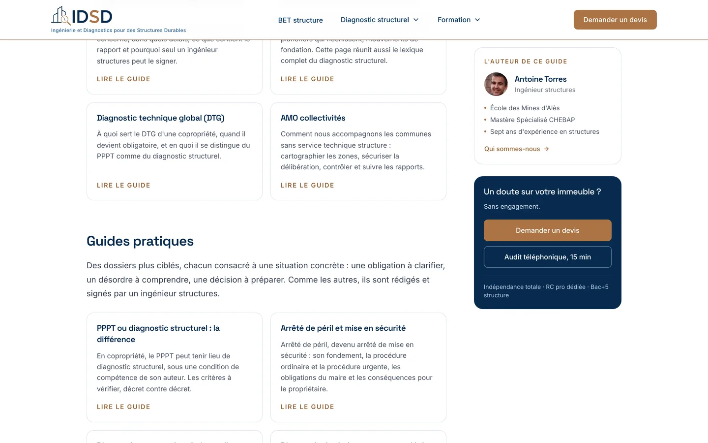 Hub « Ressources » de bet-idsd.fr : cartes des guides de référence et des guides pratiques, carte de l'auteur et encadré de contact
