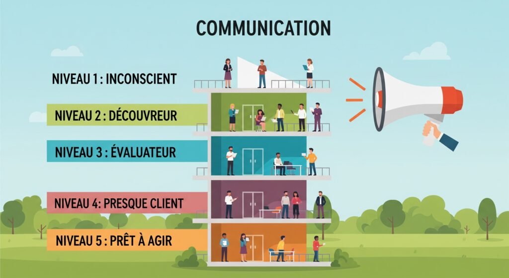 Graphique illustrant les 5 niveaux de conscience d'un client et la communication stratégique ciblée avec un mégaphone. Chaque niveau est étiqueté en français : Inconscient, Découvreur, Évaluateur, Presque Client, Prêt à Agir.