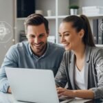 Deux entrepreneurs indépendants, un homme et une femme, sourient en se formant sur l'intelligence artificielle via un guide sur leur ordinateur pour booster leur productivité.