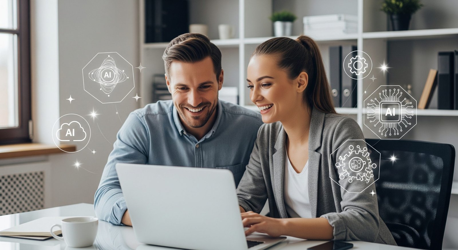 Deux entrepreneurs indépendants, un homme et une femme, sourient en se formant sur l'intelligence artificielle via un guide sur leur ordinateur pour booster leur productivité.